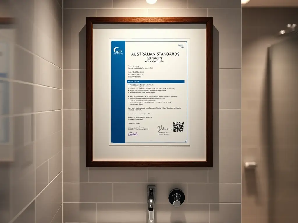 An image showing a certificate of compliance with Australian Standards displayed in a renovated bathroom, symbolizing South Coast Bathrooms & Tiling's commitment to safety and quality.