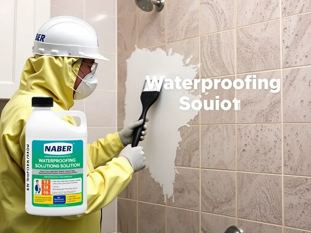 An image depicting the application of waterproofing membrane in a bathroom, demonstrating the meticulous process and attention to detail involved in ensuring a watertight seal. The image should convey the importance of proper waterproofing.