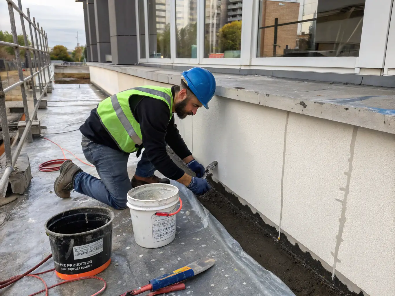 An image depicting a South Coast Bathrooms & Tiling team member carefully applying waterproofing membrane in a bathroom, emphasizing their expertise and precision.