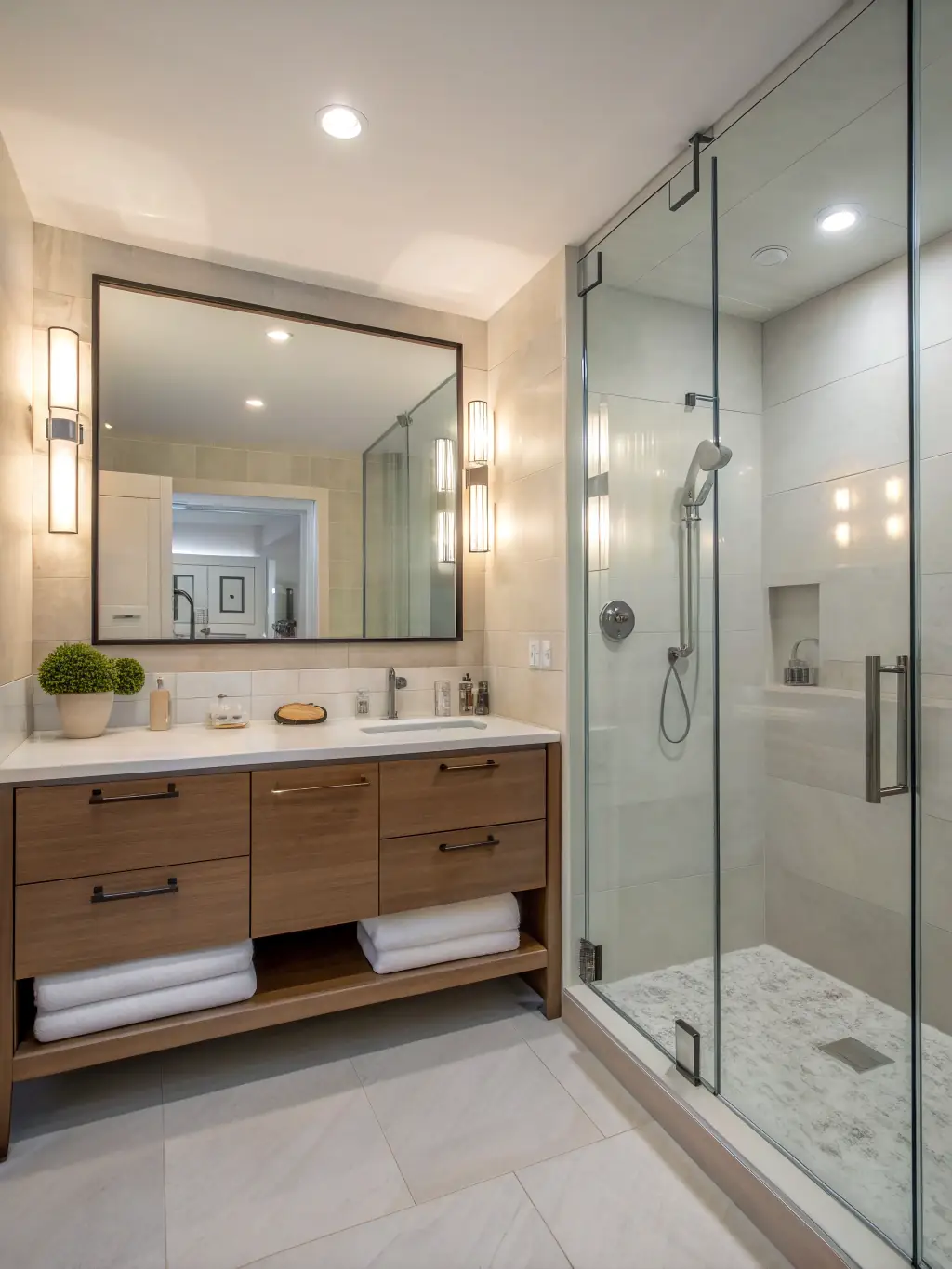 A modern bathroom with a walk-in shower, featuring a glass screen and stylish fixtures, showcasing South Coast Bathrooms & Tiling's commitment to quality and design.