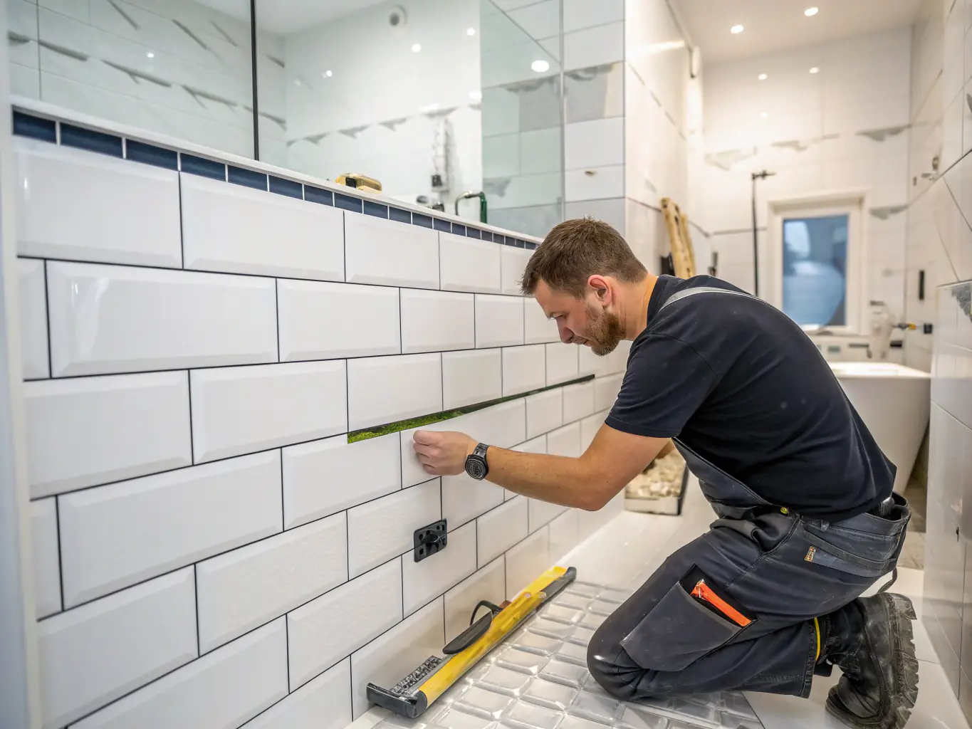 A close-up shot of expertly laid wall and floor tiles in a bathroom, showcasing the precision and attention to detail in the tiling work performed by South Coast Bathrooms & Tiling. The tiles should be visually appealing and perfectly aligned.